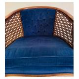 Vintage Hollywood Regency Cane Chair with Blue Velvet Upholstery