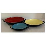 Three Colorful Shallow Vintage Bowls with Handles