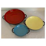 Three Colorful Shallow Vintage Bowls with Handles
