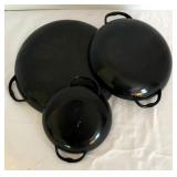 Three Colorful Shallow Vintage Bowls with Handles