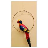 Large - Hanging Parrot Brightly Painted from Mexico - Vintage 1970s - Metal Hoop Perch