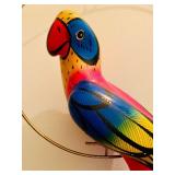 Large - Hanging Parrot Brightly Painted from Mexico - Vintage 1970s - Metal Hoop Perch