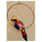 Large - Hanging Parrot Brightly Painted from Mexico - Vintage 1970s - Metal Hoop Perch