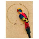 Large - Hanging Parrot Brightly Painted from Mexico - Vintage 1970s - Metal Hoop Perch