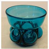 Vintage Hand Blown Caged Forced Glass Teal Blue Goblet
