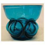 Vintage Hand Blown Caged Forced Glass Teal Blue Goblet
