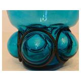 Vintage Hand Blown Caged Forced Glass Teal Blue Goblet