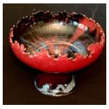 Pottery Bowl with Jagged Edges Black and Red Swirl Paint