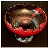 Pottery Bowl with Jagged Edges Black and Red Swirl Paint