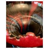 Pottery Bowl with Jagged Edges Black and Red Swirl Paint