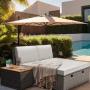 Wicker Outdoor Day Bed with Removable Storage Cabinet and Bedside Cabinets, White Cushions   Customer Returns See Pictures
