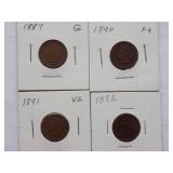 1887, 1890, 1891, 1892  Indian Cent, Circulated