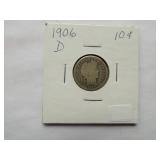 1908, 1907, 1906-S, 1906 Barber dime