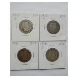 1915-D, 1915-S, 1916, 1916-D Barber Quarter