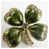 Joan Rivers Green Enamel Rhinestone Four Leaf Clover Gold Plated Base Metal Brooch .