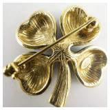 Joan Rivers Green Enamel Rhinestone Four Leaf Clover Gold Plated Base Metal Brooch .