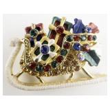 Colorful Enamel & Rhinestone Santa Sleigh Gold Plated Base Metal Brooch .