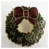 Red & Green Enamel Wreath Gold Plated Base Metal Brooch .