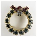 Mini Red, Green, & White Rhinestone Wreath Gold Plated Base Metal Brooch .