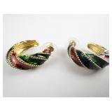 JOAN RIVERS X-Mas Red & Green Enamel Twist Gold Tone base Metal Half-Hoop Pierced Earrings.
