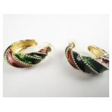 JOAN RIVERS X-Mas Red & Green Enamel Twist Gold Tone base Metal Half-Hoop Pierced Earrings.
