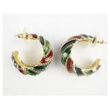 JOAN RIVERS X-Mas Red & Green Enamel Twist Gold Tone base Metal Half-Hoop Pierced Earrings.