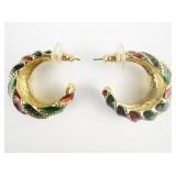 JOAN RIVERS X-Mas Red & Green Enamel Twist Gold Tone base Metal Half-Hoop Pierced Earrings.