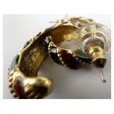 JOAN RIVERS X-Mas Red & Green Enamel Twist Gold Tone base Metal Half-Hoop Pierced Earrings.