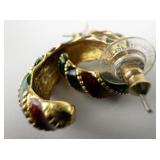 JOAN RIVERS X-Mas Red & Green Enamel Twist Gold Tone base Metal Half-Hoop Pierced Earrings.