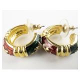 JOAN RIVERS X-Mas Red & Green Enamel Gold Tone Base Metal Half-Hoop Pierced Earrings.