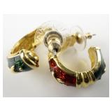 JOAN RIVERS X-Mas Red & Green Enamel Gold Tone Base Metal Half-Hoop Pierced Earrings.