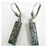 Clover Green Enamel sterling Silver Hinged Wire Dangle Earrings.