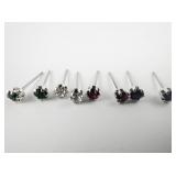 Group of 4  Red, White, Purple, & Green Rhinestone silver Tone Base Metal Stud Earrings .
