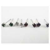 Group of 4  Red, White, Purple, & Green Rhinestone silver Tone Base Metal Stud Earrings .