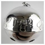 Wallace Silversmiths  1982 "Fluffy Mittens, Swift Skis & Playful Sleds" silver plate Christmas Sleigh Bell Ornament .