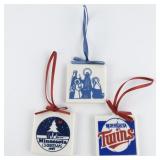 Set of 3 Ceramic Square Christmas Ornaments. MN Twins, MN X-mas 1987 & Nativity.