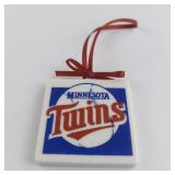 Set of 3 Ceramic Square Christmas Ornaments. MN Twins, MN X-mas 1987 & Nativity.