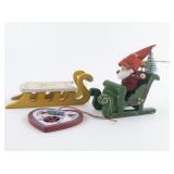 Group of 3 Wooden Ornaments. Santa Sleigh, Sled & Heart.