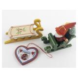 Group of 3 Wooden Ornaments. Santa Sleigh, Sled & Heart.