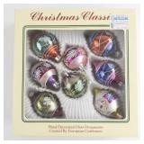 Vintage Christmas Classics Set of 8 Hand Decorated Glass Ornaments by European Craftsman in Original Packaging