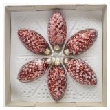 WEST GERMANY - Vintage Set of 6 Red Flocked Christmas Pine Cone Ornaments in Original Packaging