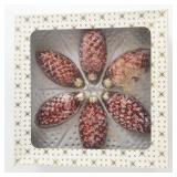 WEST GERMANY - Vintage Set of 6 Red Flocked Christmas Pine Cone Ornaments in Original Packaging