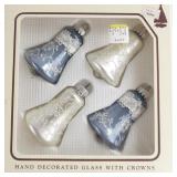 Vintage Christmas by Krebs Two Sets of Four Bell Shaped Glass Ornaments Hand Painted with Embroidery Crowns in Original Packaging