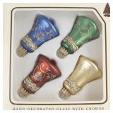 Vintage Christmas by Krebs Two Sets of Four Bell Shaped Glass Ornaments Hand Painted with Embroidery Crowns in Original Packaging