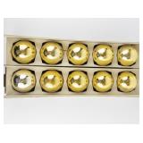 Vintage SHINY & BRITE 1 Dozen Large Gold Glass Christmas Tree Ornaments in Original Packaging