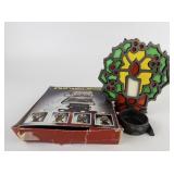 Vintage Cast Iron Stained Glass Holly Candle Holder with Original Packaging