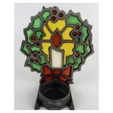 Vintage Cast Iron Stained Glass Holly Candle Holder with Original Packaging