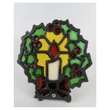 Vintage Cast Iron Stained Glass Holly Candle Holder with Original Packaging