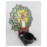 Vintage Cast Iron Stained Glass Holly Candle Holder with Original Packaging