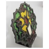 Vintage Cast Iron Stained Glass Holly Candle Holder with Original Packaging
